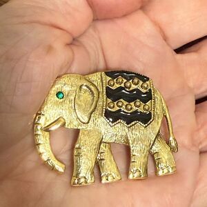Steinmetz SFJ Signed Gold Tone Elephant Brooch with Black Enamel.